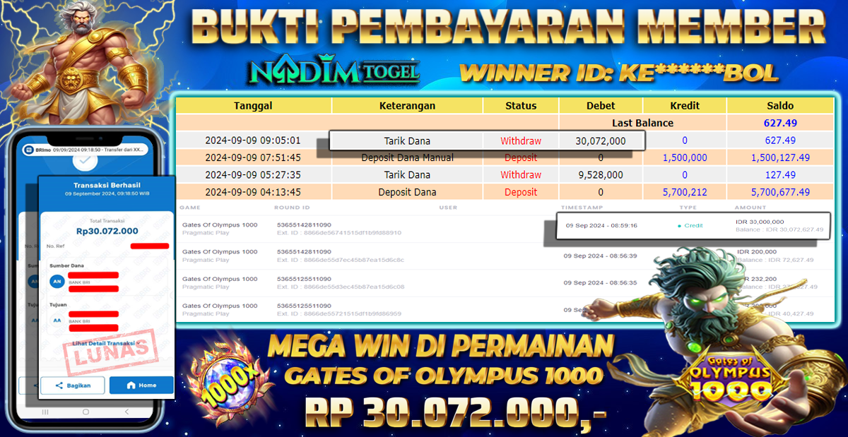 NADIMTOGEL JACKPOT SLOT GATES OF OLYMPUS 1000 Rp 30.072.000,- LUNAS