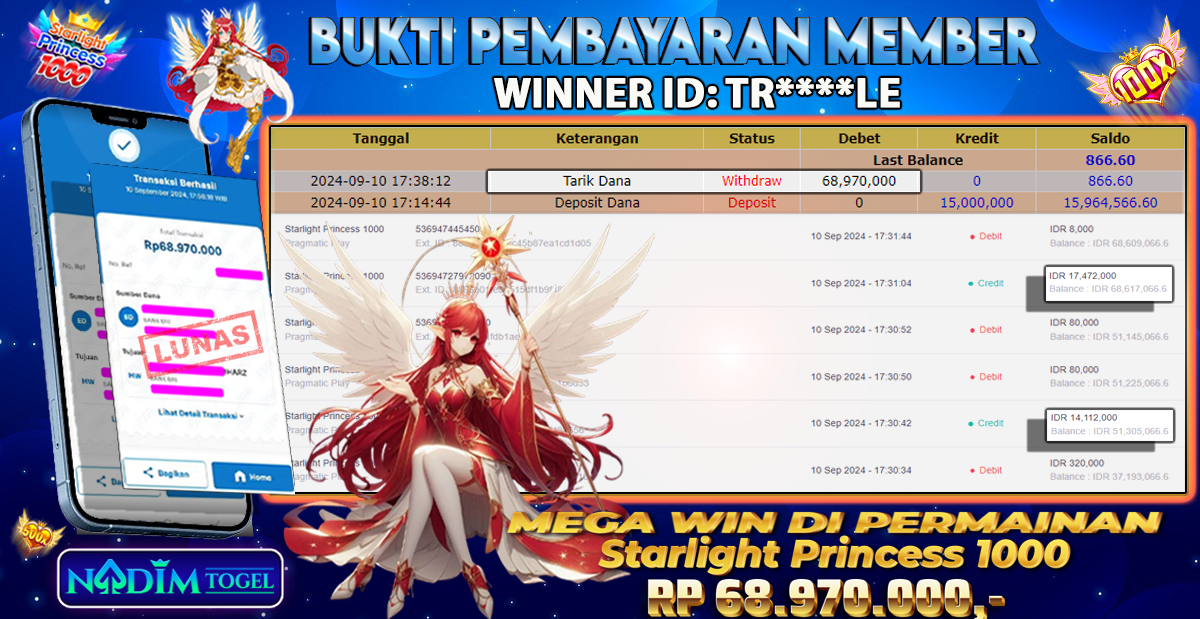 NADIMTOGEL JACKPOT SLOT STARLIGHT PRINCESS 1000  Rp.68,970,000  - LUNAS