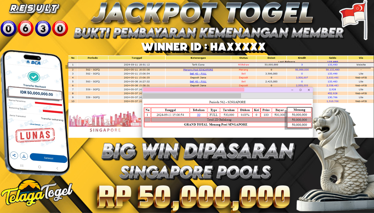 TELAGATOGEL JACKPOT TOGEL SINGAPORE  Rp 50,000,000,- LUNAS