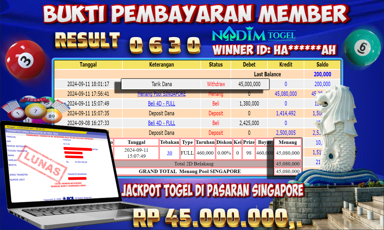 NADIMTOGEL JACKPOT TOGEL SINGAPORE Rp 45.000.000,- LUNAS