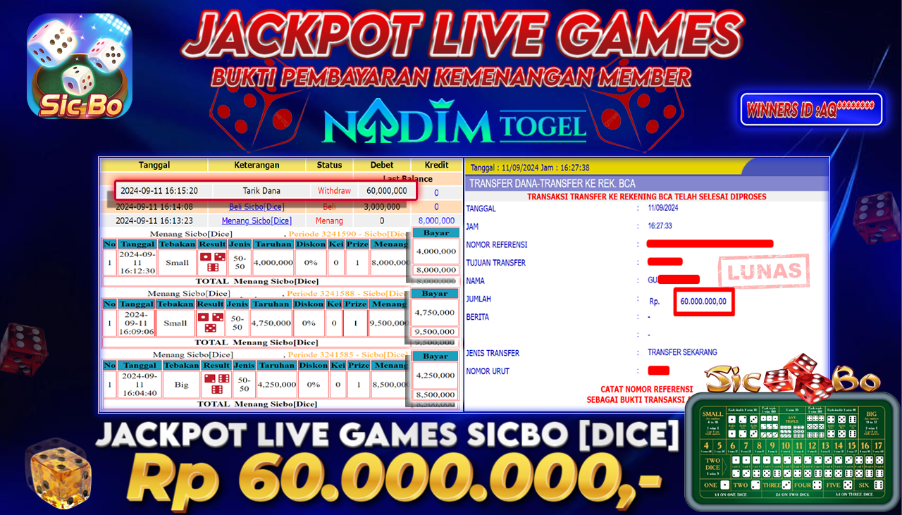 NADIMTOGEL JACKPOT LIVE GAME SICBO [DICE]  Rp.60,000,000  - LUNAS