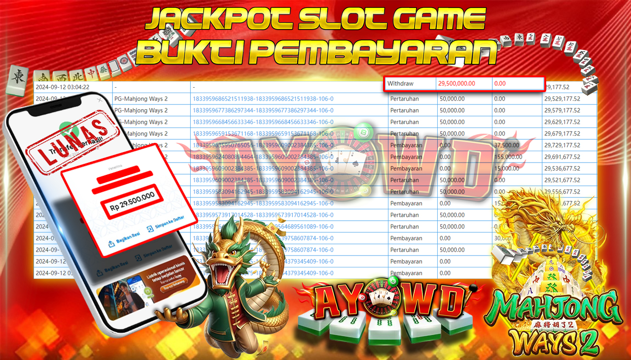AYOWD JACKPOT SLOT GAME PG-Mahjong Ways 2 Rp 29,500,000 LUNAS