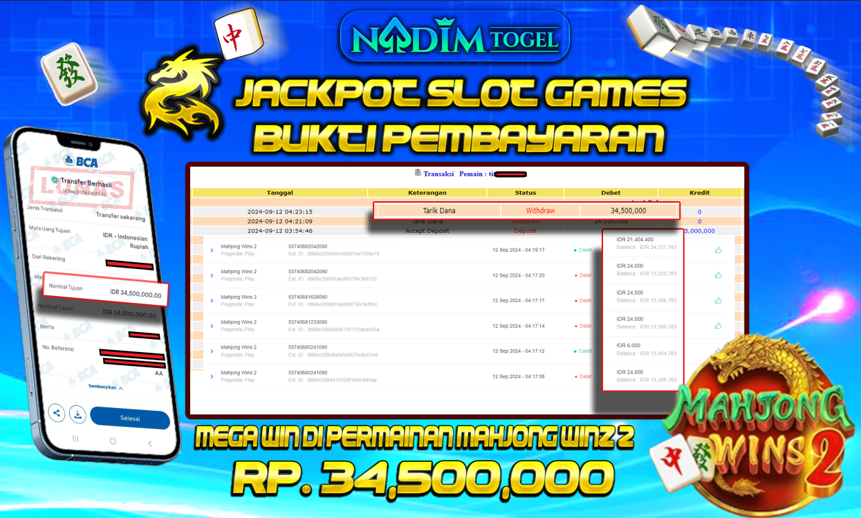 NADIMTOGEL JACKPOT SLOT MAHJONG WINZ 2 Rp 34,500,000,- LUNAS