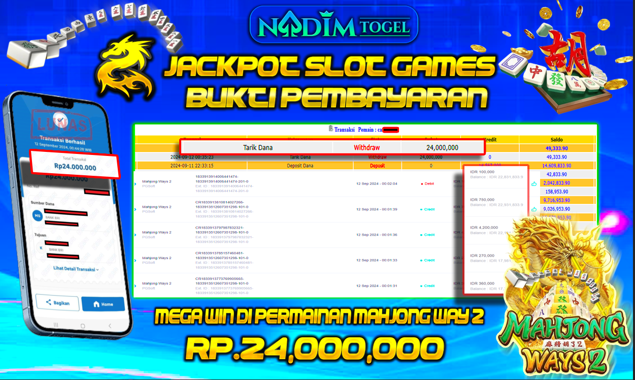NADIMTOGEL JACKPOT SLOT MAHJONG WAY 2 Rp 24,000,000,- LUNAS
