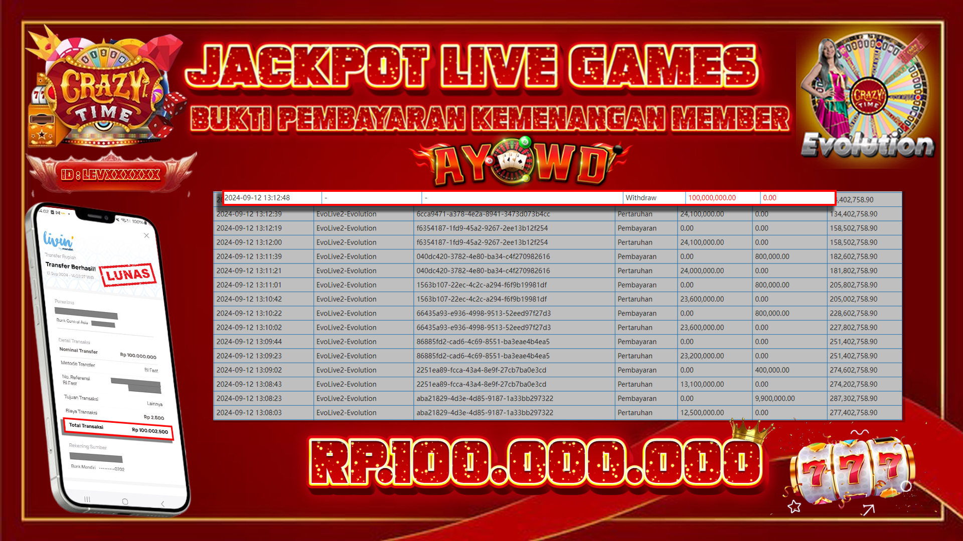 AYOWD JACKPOT LIVE GAME EvoLive2-Evolution Rp 100,000,000 LUNAS