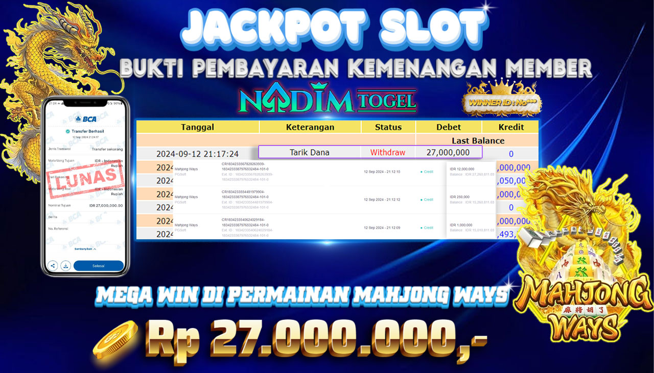 NADIMTOGEL JACKPOT SLOT MAHJONG WAYS Rp.27.000.000,- LUNAS