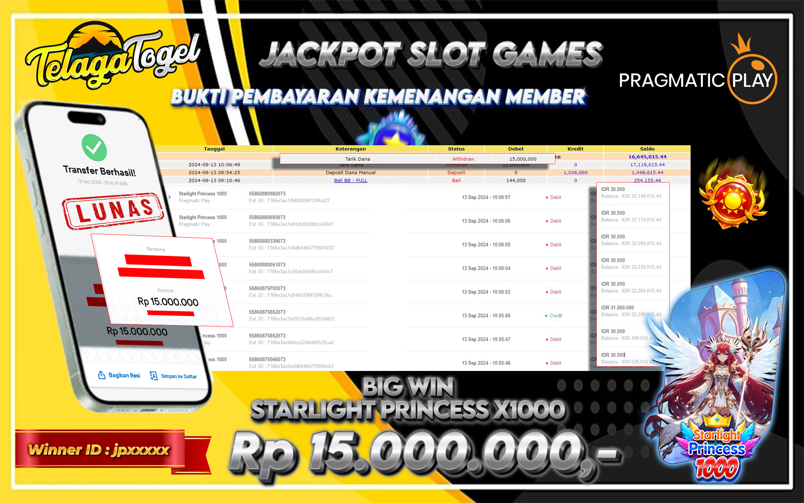 TELAGATOGEL JACKPOT SLOT STARLIGHT PRINCESS X1000 Rp 15.000.000,- LUNAS