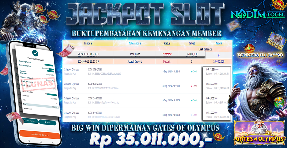 NADIMTOGEL JACKPOT SLOT GATES OF OLYMPUS Rp 35.011.000,- LUNAS