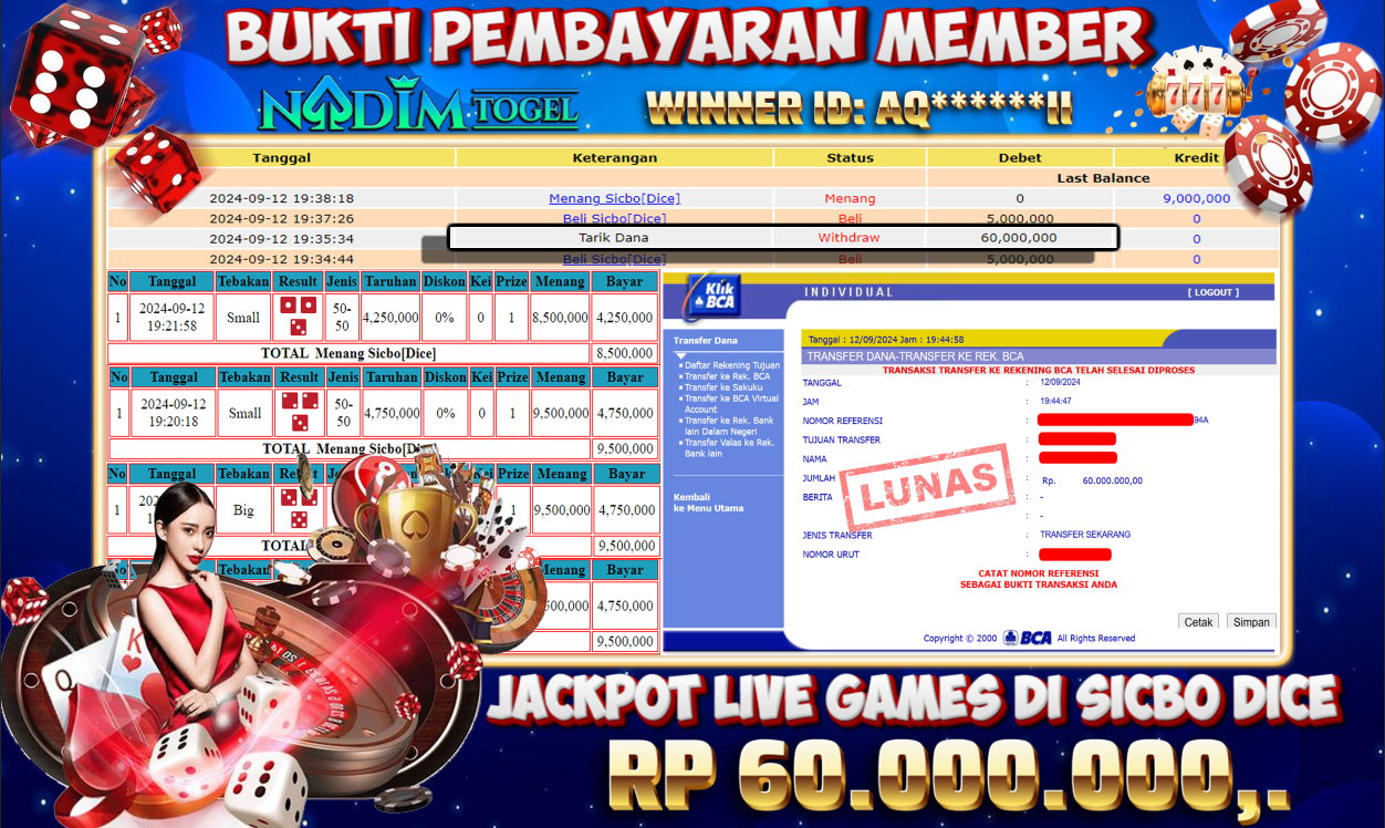 NADIMTOGEL JACKPOT LIVEGAME SICBO DICE Rp.60.000.000,- LUNAS