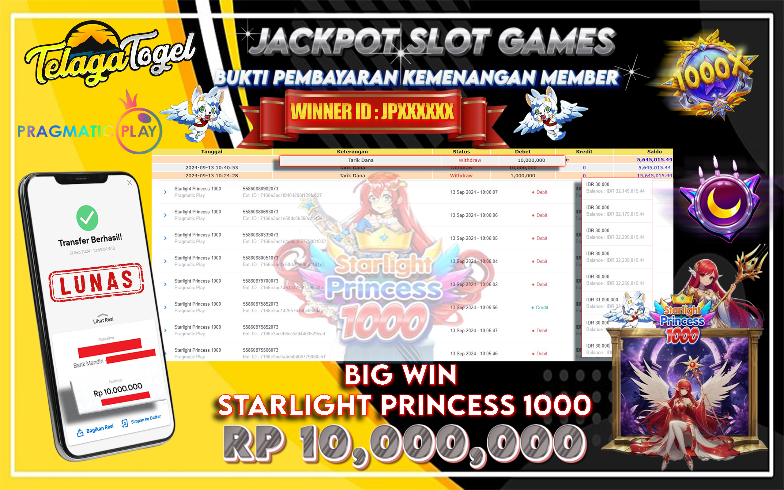TELAGATOGEL JACKPOT SLOT STARLIGHT PRINCESS 1000 Rp 10.000.000,- LUNAS