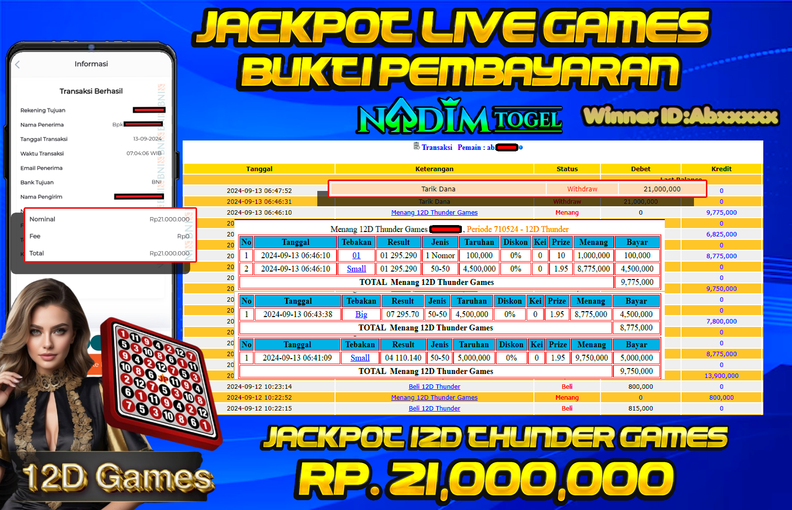 NADIMTOGEL JACKPOT LIVE GAMES 12D THUNDER Rp.21.000.000,- LUNAS