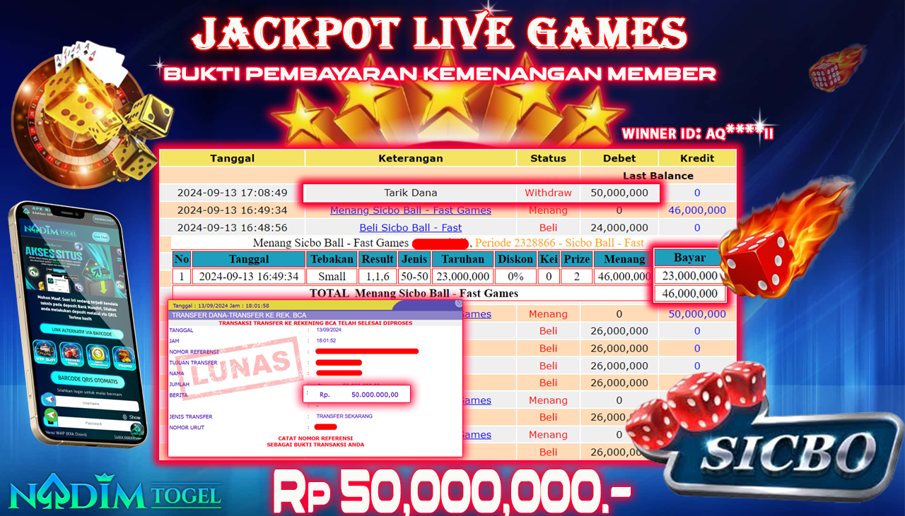 NADIMTOGEL JACKPOT LIVEGAME SICBO DICE Rp.50.000.000,- LUNAS