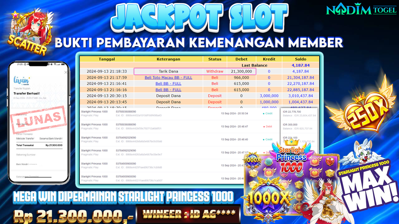 NADIMTOGEL JACKPOT STARLIGHT PRINCESS 1000 Rp.21.300.000,- LUNAS