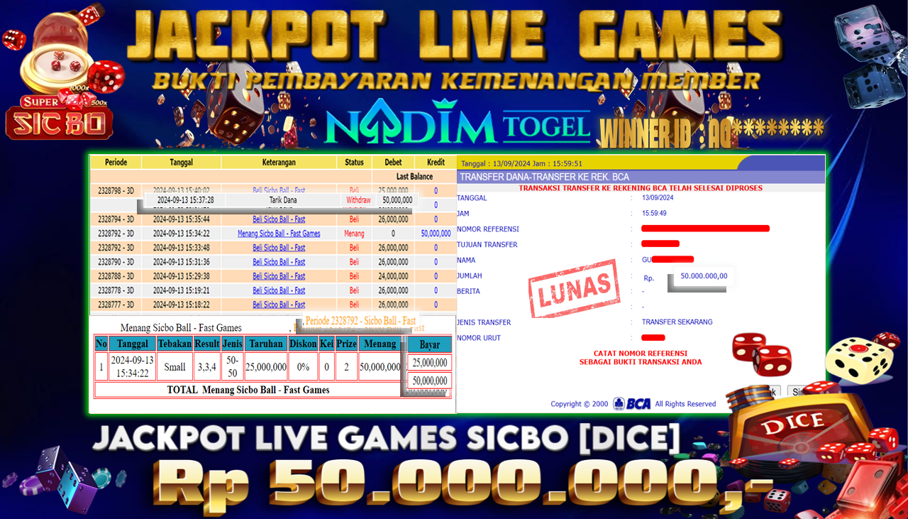 NADIMTOGEL JACKPOT LIVEGAME SICBO DICE Rp.50.000.000,- LUNAS