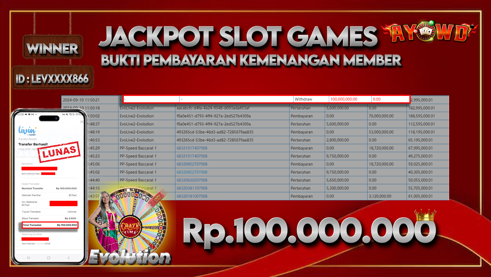 AYOWD JACKPOT LIVE GAME EvoLive2-Evolution Rp 100,000,000 LUNAS