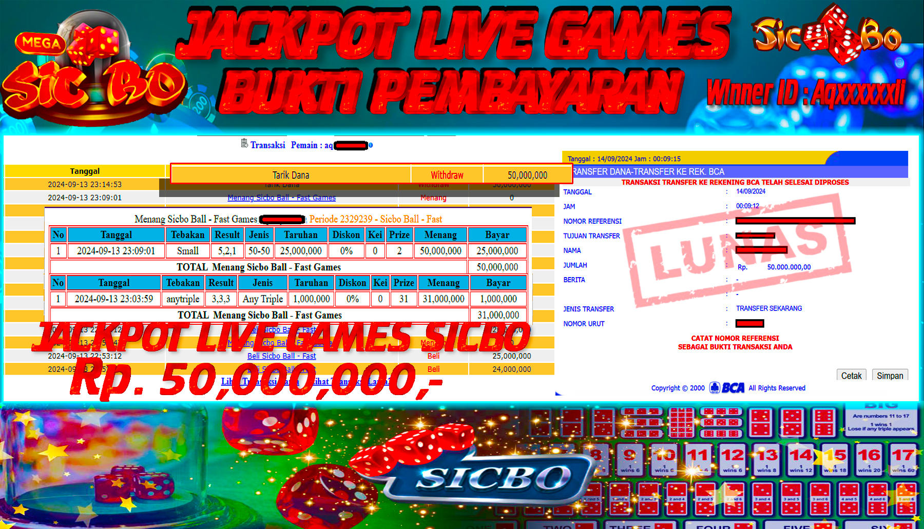 NADIMTOGEL JACKPOT LIVEGAME SICBO BALL Rp.50.000.000,- LUNAS