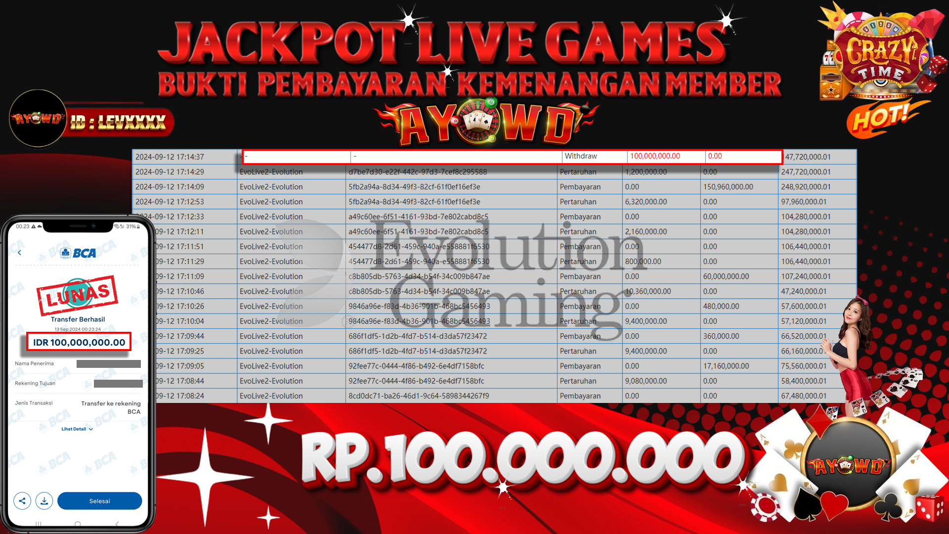 AYOWD JACKPOT LIVE GAME EvoLive2-Evolution Rp 100,000,000 LUNAS