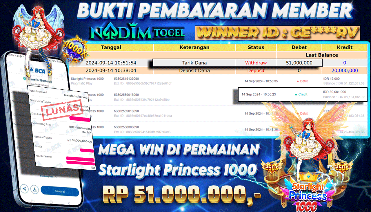 NADIMTOGEL JACKPOT STARLIGHT PRINCESS 1000 Rp.51.000.000,- LUNAS