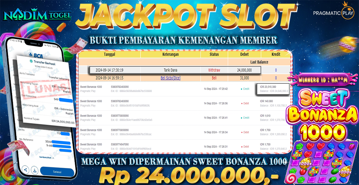 NADIMTOGEL JACKPOT SLOT SWEET BONANZA 1000 Rp 24.000.000,- LUNAS