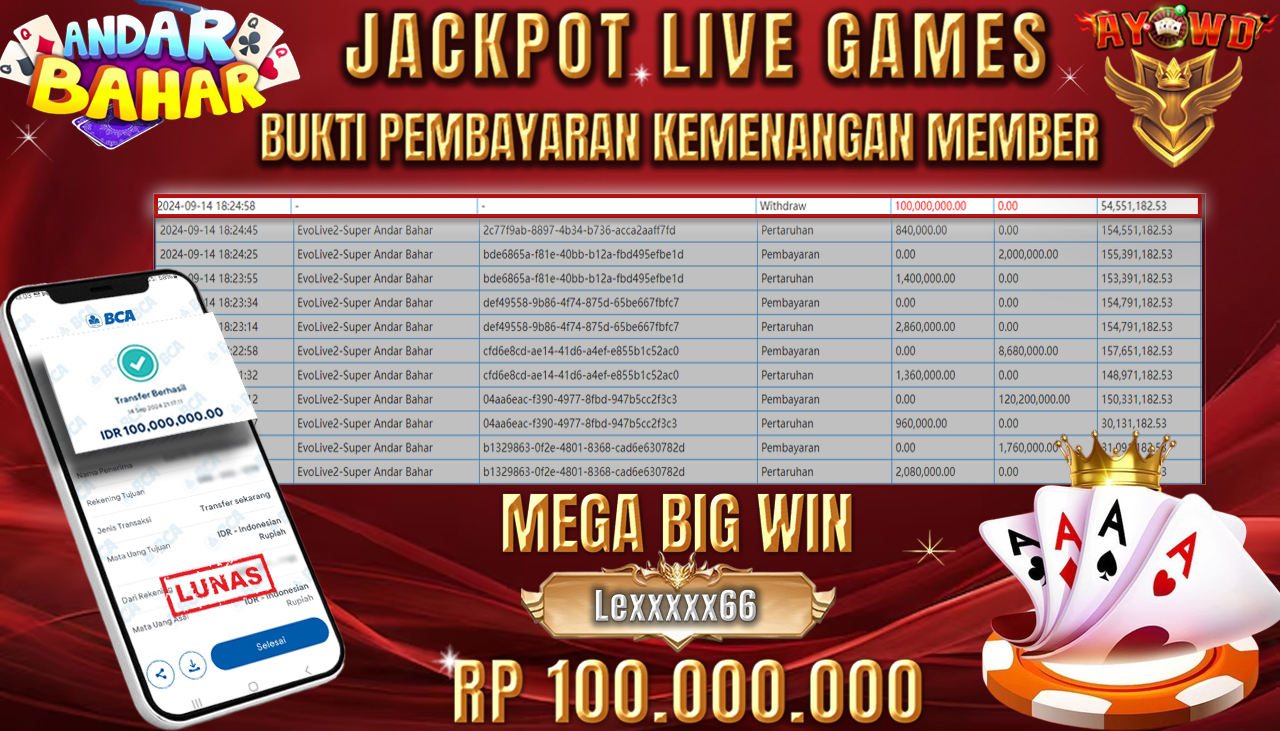 AYOWD JACKPOT LIVE GAME EvoLive2-Super Andar Bahar Rp 100,000,000 LUNAS
