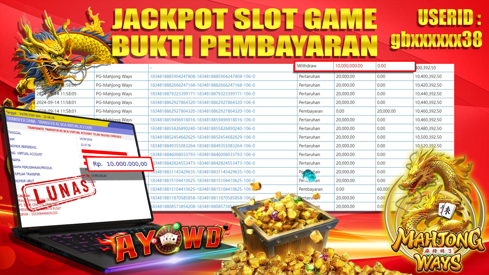AYOWD JACKPOT SLOT GAME PG-Mahjong Ways Rp 10,000,000 LUNAS