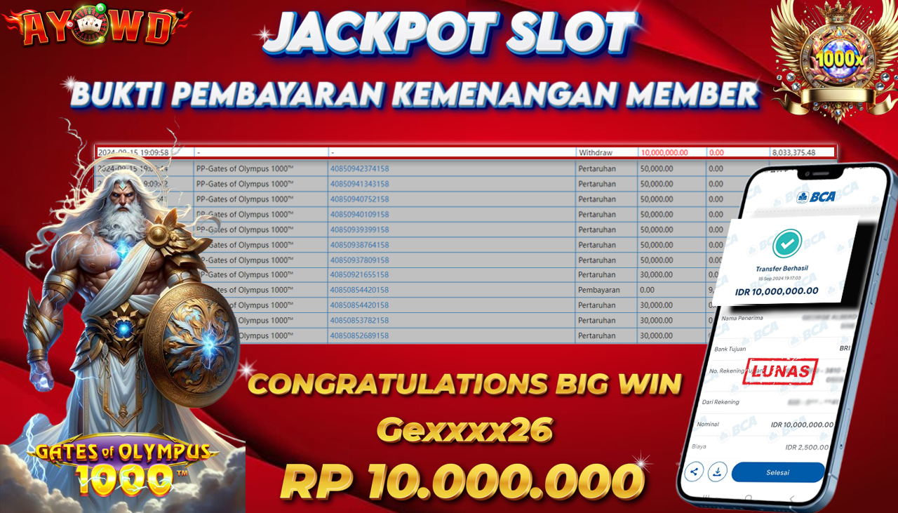 AYOWD JACKPOT SLOT GAME PP-Gates of Olympus 1000™ Rp 10,000,000 LUNAS