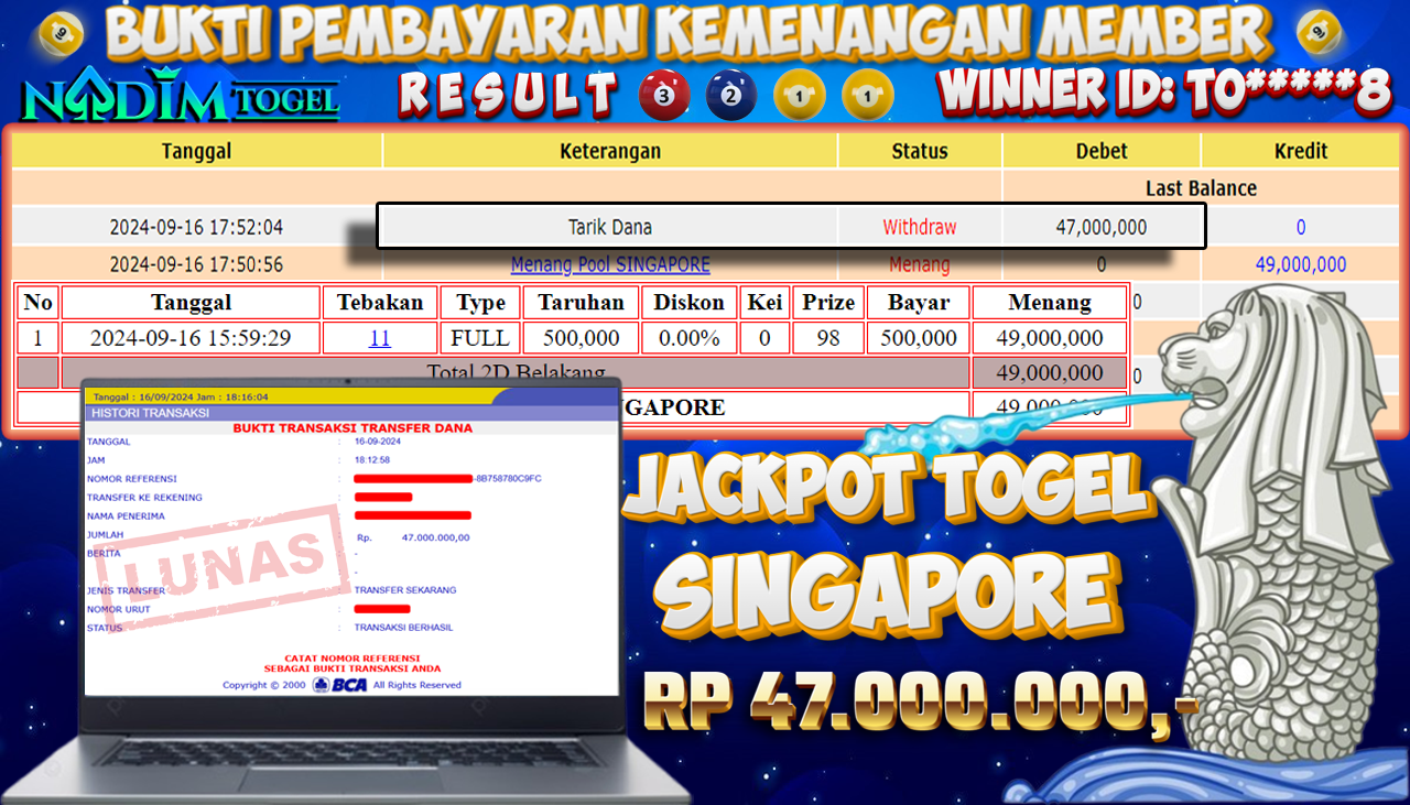 NADIMTOGEL JACKPOT TOGEL PASARAN SINGAPORE Rp.47,000,000,- LUNAS