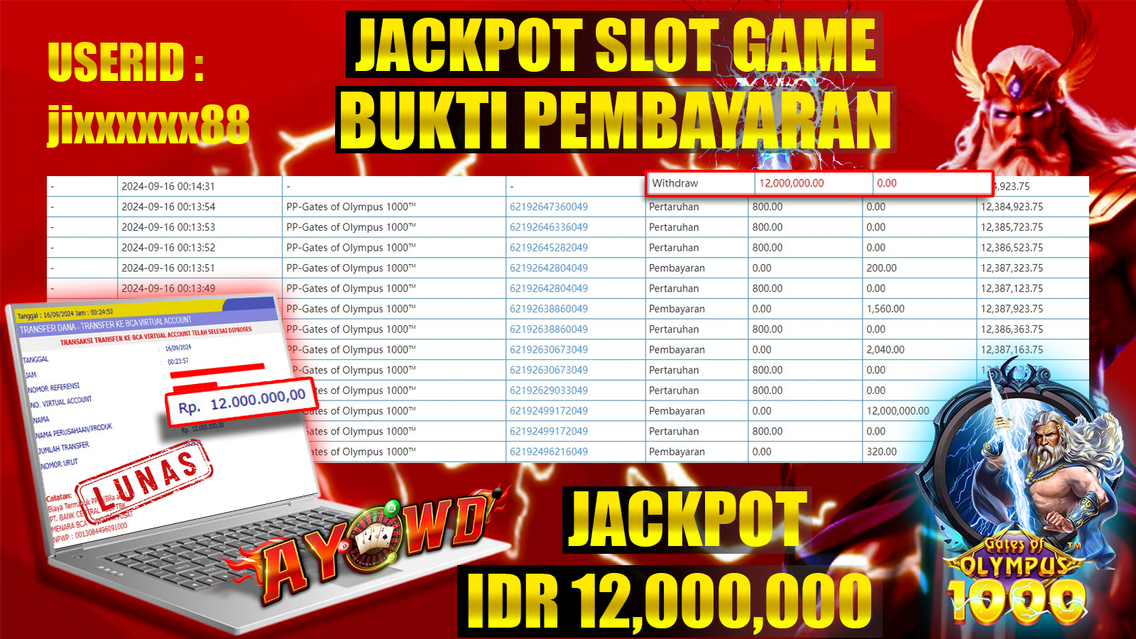 AYOWD JACKPOT SLOT GAME PP-Gates of Olympus 1000™ Rp 12,000,000 LUNAS