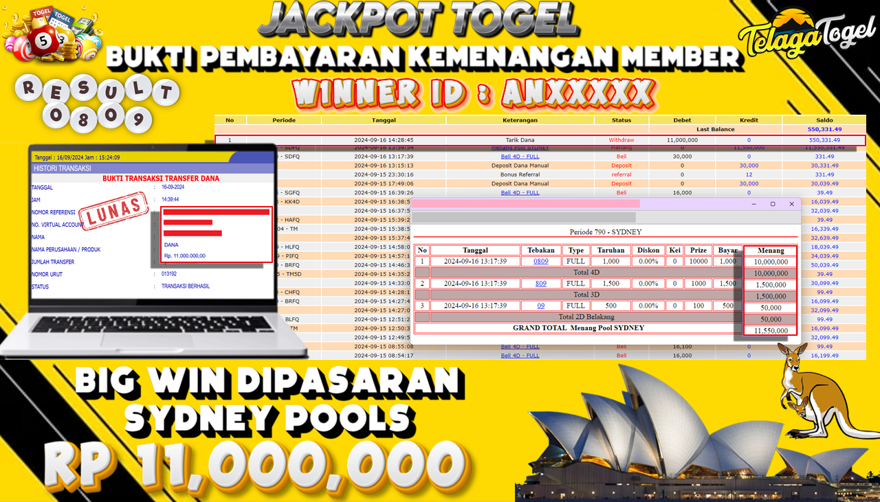 TELAGATOGEL JACKPOT TOGEL SYDNEY Rp 11,000,000,- LUNAS