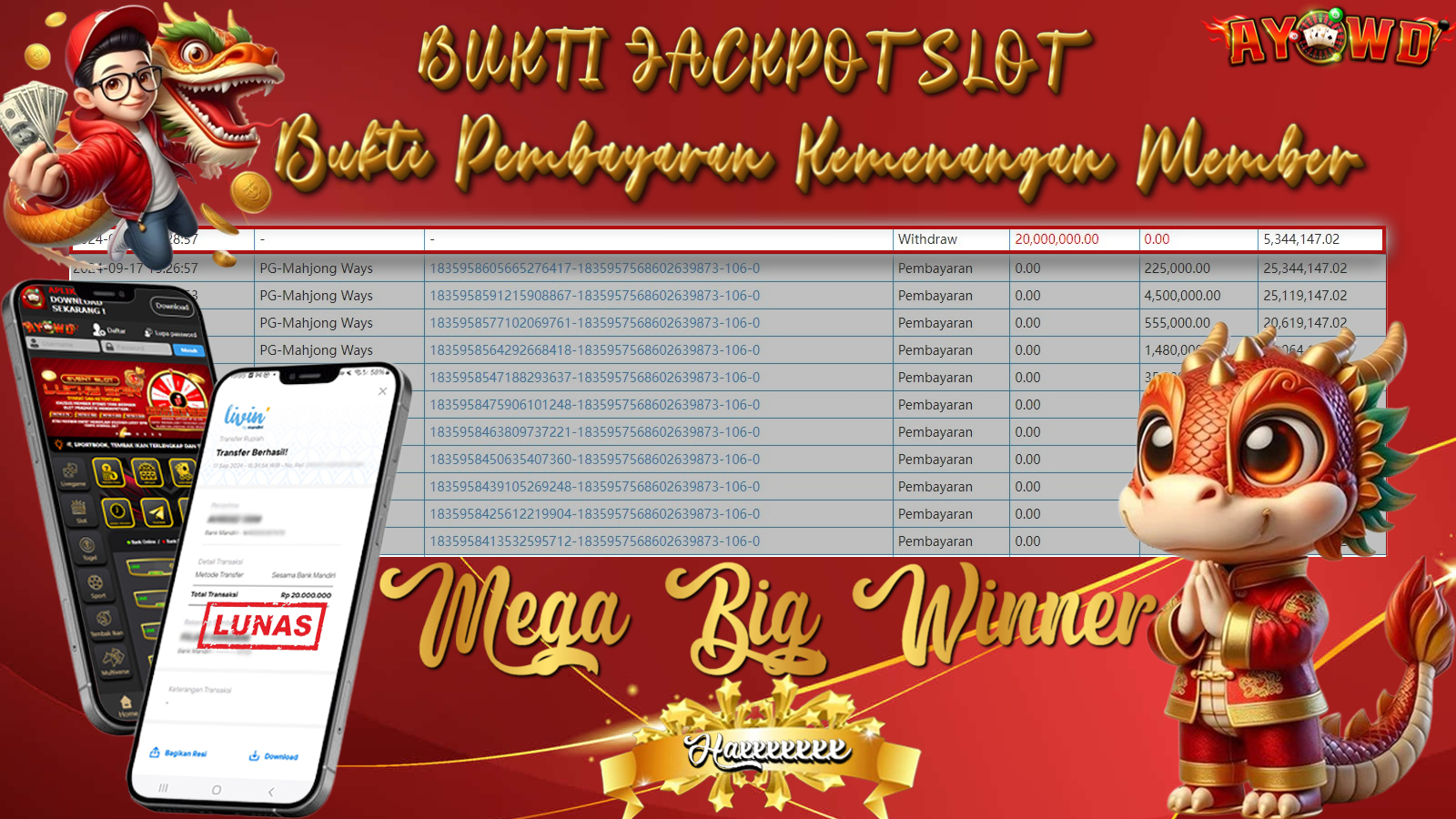 AYOWD JACKPOT SLOT GAME PG-Mahjong Ways  Rp 20,000,000 LUNAS