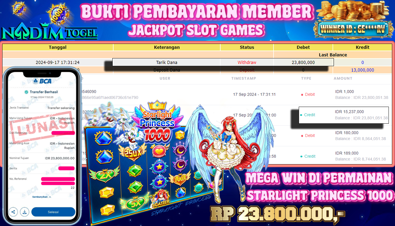 NADIMTOGEL JACKPOT SLOT GAMES STARLIGHT PRINCESS 1000 Rp.23,800,000,- LUNAS