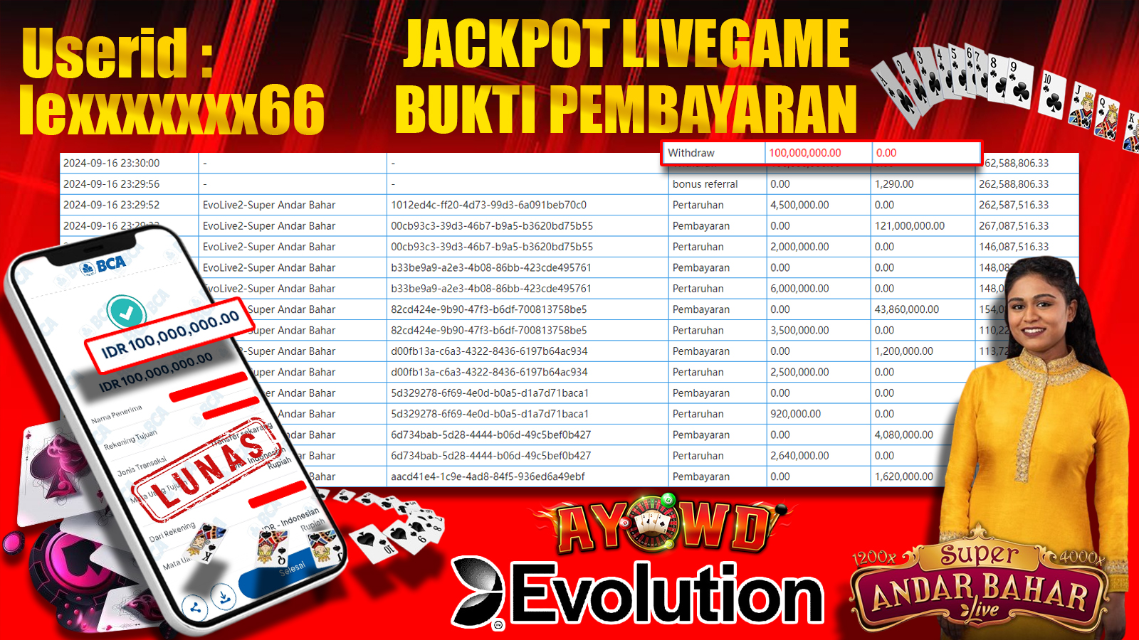 AYOWD JACKPOT LIVE GAME EvoLive2-Super Andar Bahar Rp 100,000,000 LUNAS