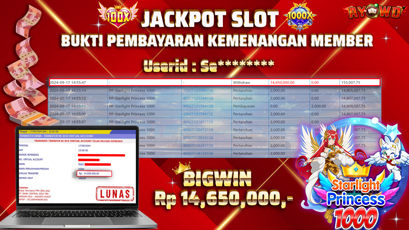 AYOWD JACKPOT SLOT GAME PP-Starlight Princess 1000™ Rp 14,650,000 LUNAS
