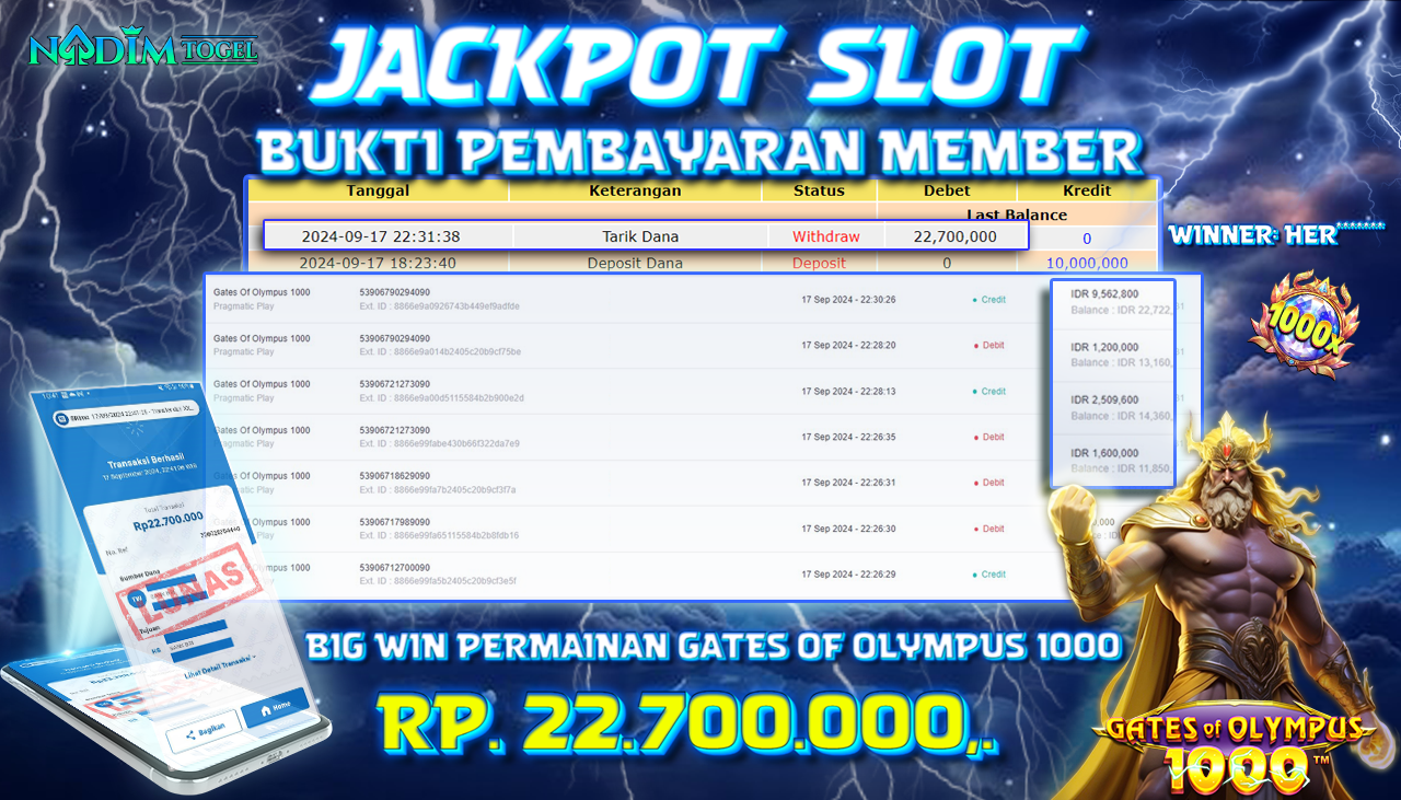 NADIMTOGEL JACKPOT SLOT GATES OF OLYMPUS 1000 Rp.22,700,000,- LUNAS