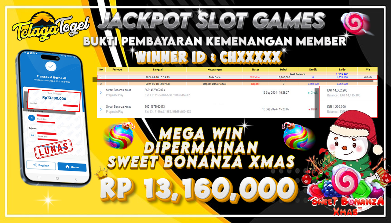 TELAGATOGEL JACKPOT SLOT SWEET BONANZA XMAS Rp 13.160.000,- LUNAS