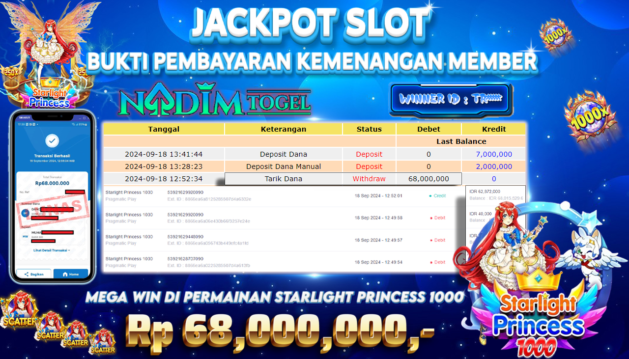 NADIMTOGEL JACKPOT SLOT STARLIGHT PRINCESS 1000 Rp.68.000.000,- LUNAS