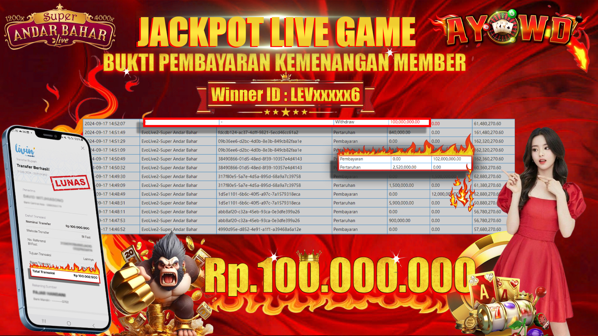 AYOWD JACKPOT LIVE GAME EvoLive2-Super Andar Bahar Rp 100,000,000 LUNAS