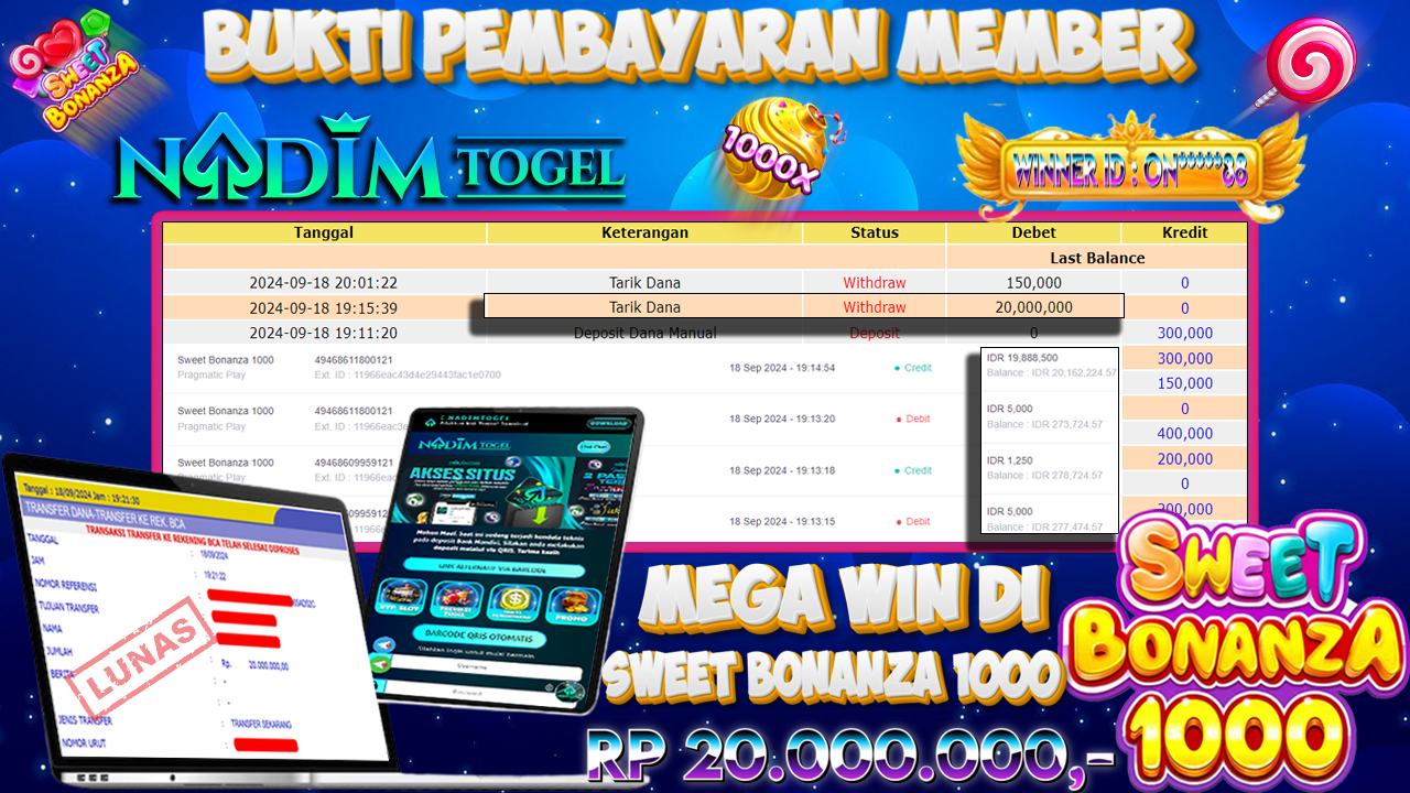NADIMTOGEL JACKPOT SLOT SWEET BONANZA 1000 Rp.20.000.000,- LUNAS