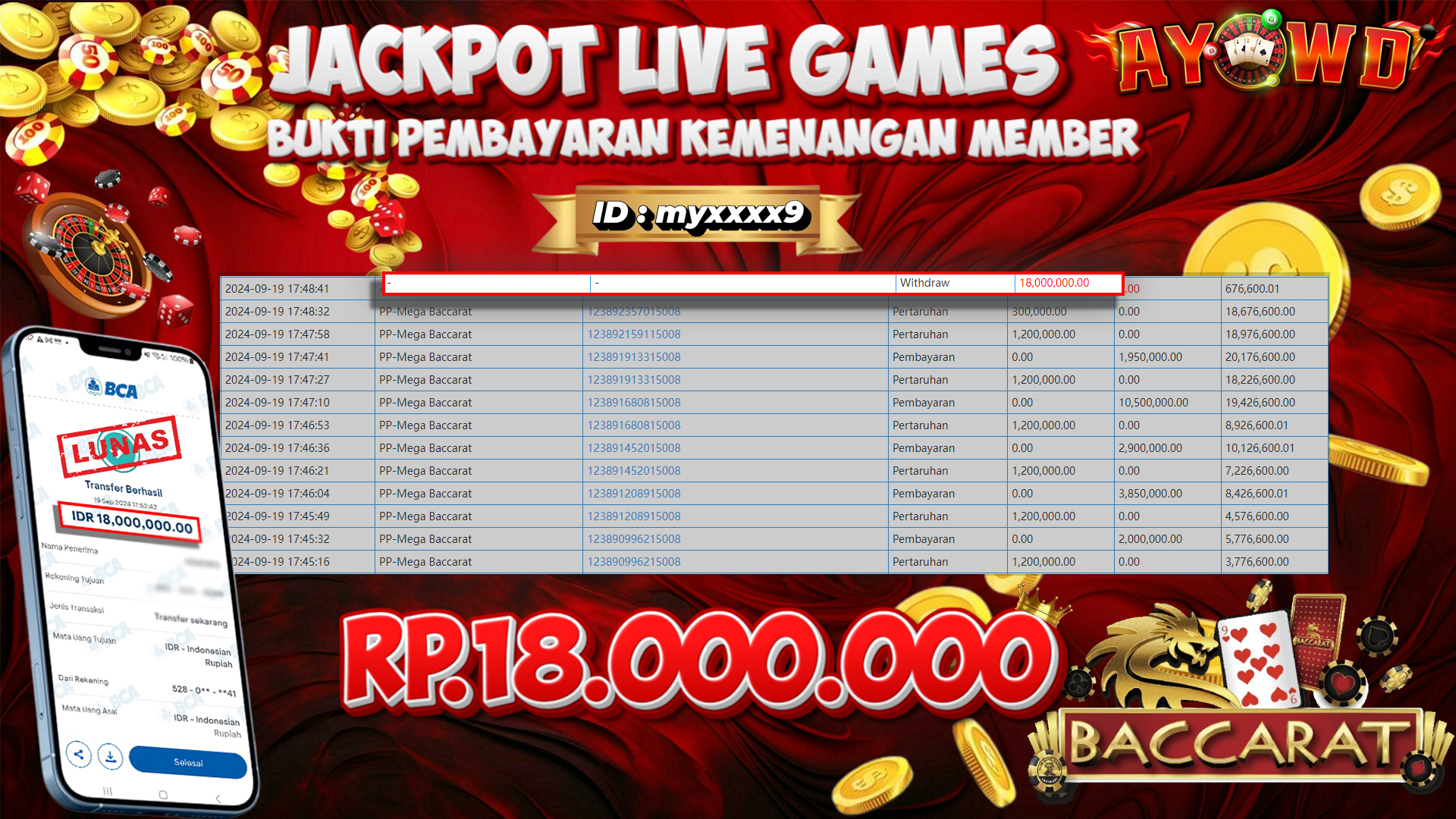 AYOWD JACKPOT LIVE GAMES PP-Mega Baccarat Rp 18,000,000 LUNAS