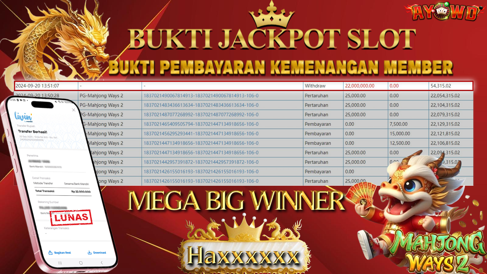 AYOWD JACKPOT SLOT GAME PG-Mahjong Ways  Rp 22,000,000 LUNAS