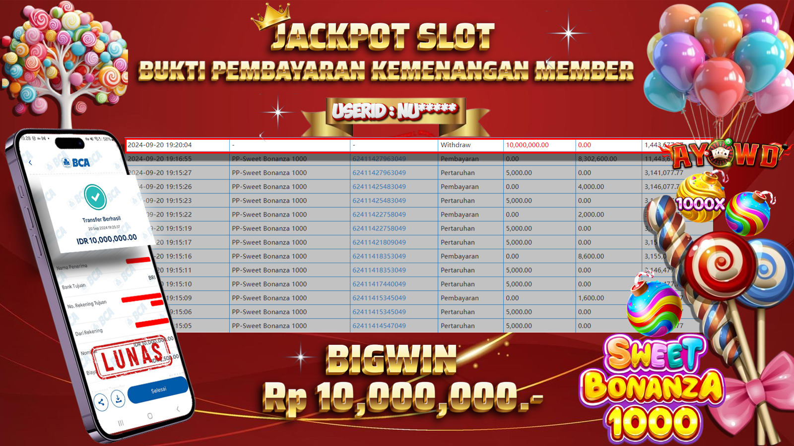 AYOWD JACKPOT SLOT GAME PP-Sweet Bonanza 1000  Rp 10,000,000 LUNAS