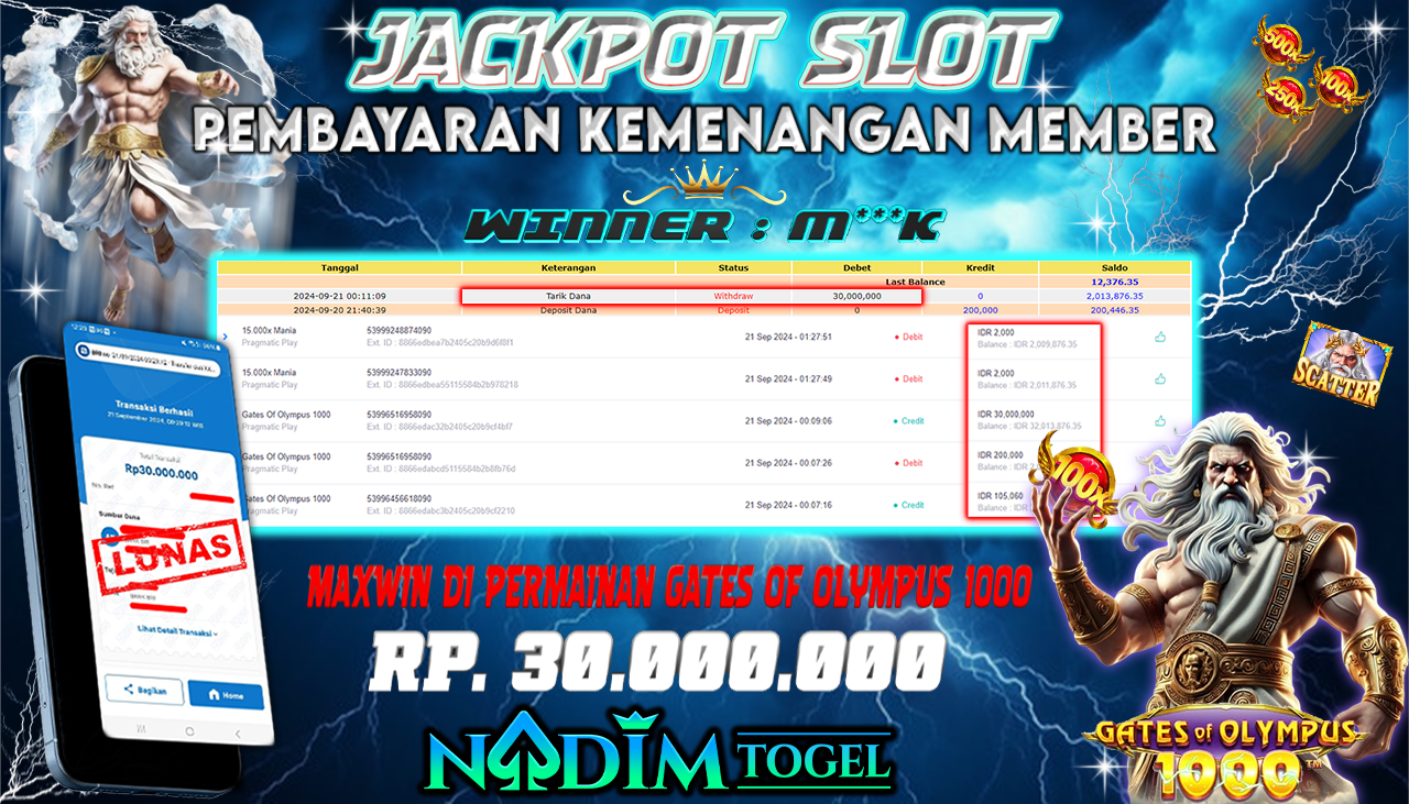 NADIMTOGEL JACKPOT SLOT GATES OF OLYMPUS 1000 Rp.30,000,000,- LUNAS