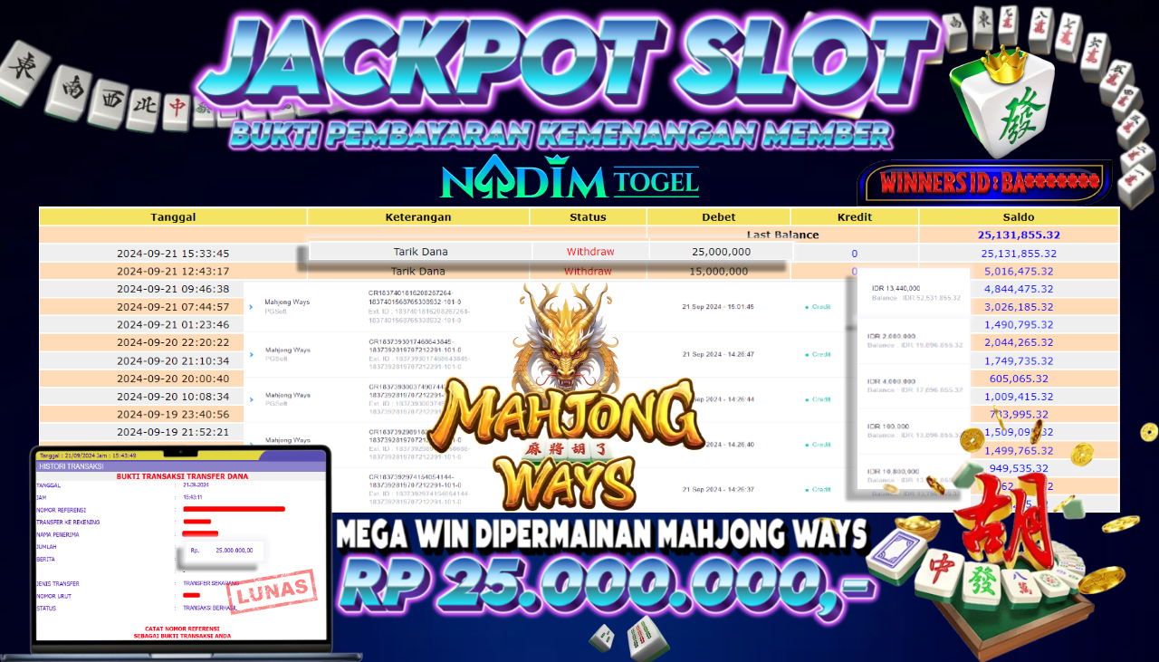 NADIMTOGEL JACKPOT SLOT MAHJONG WAYS Rp 25,000,000,- LUNAS