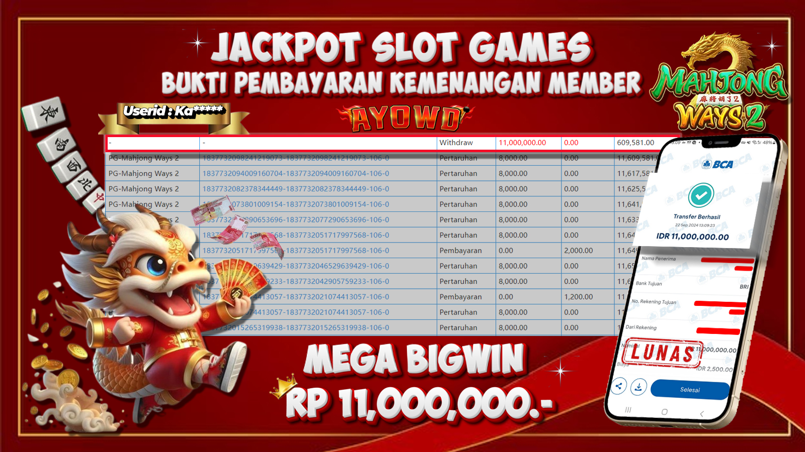 AYOWD JACKPOT SLOT GAME PG-Mahjong Ways 2 Rp 11,000,000 LUNAS