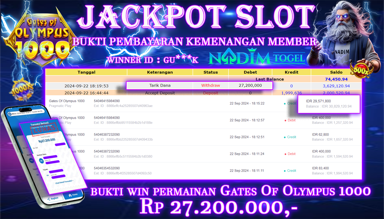 NADIMTOGEL JACKPOT SLOT Gates Of Olympus 1000 Rp 27,200,000,- LUNAS