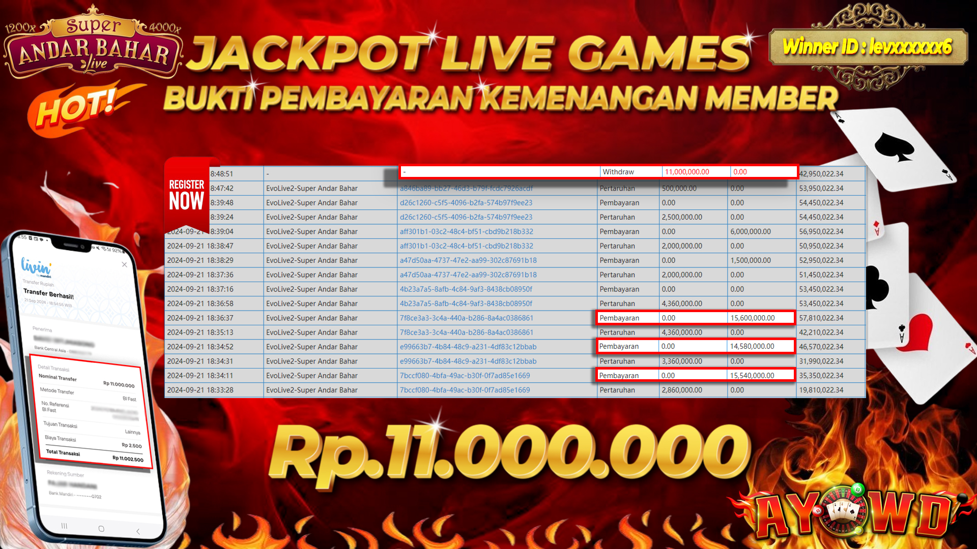 AYOWD JACKPOT LIVE GAMES EvoLive2-Super Andar Bahar Rp 11,000,000 LUNAS