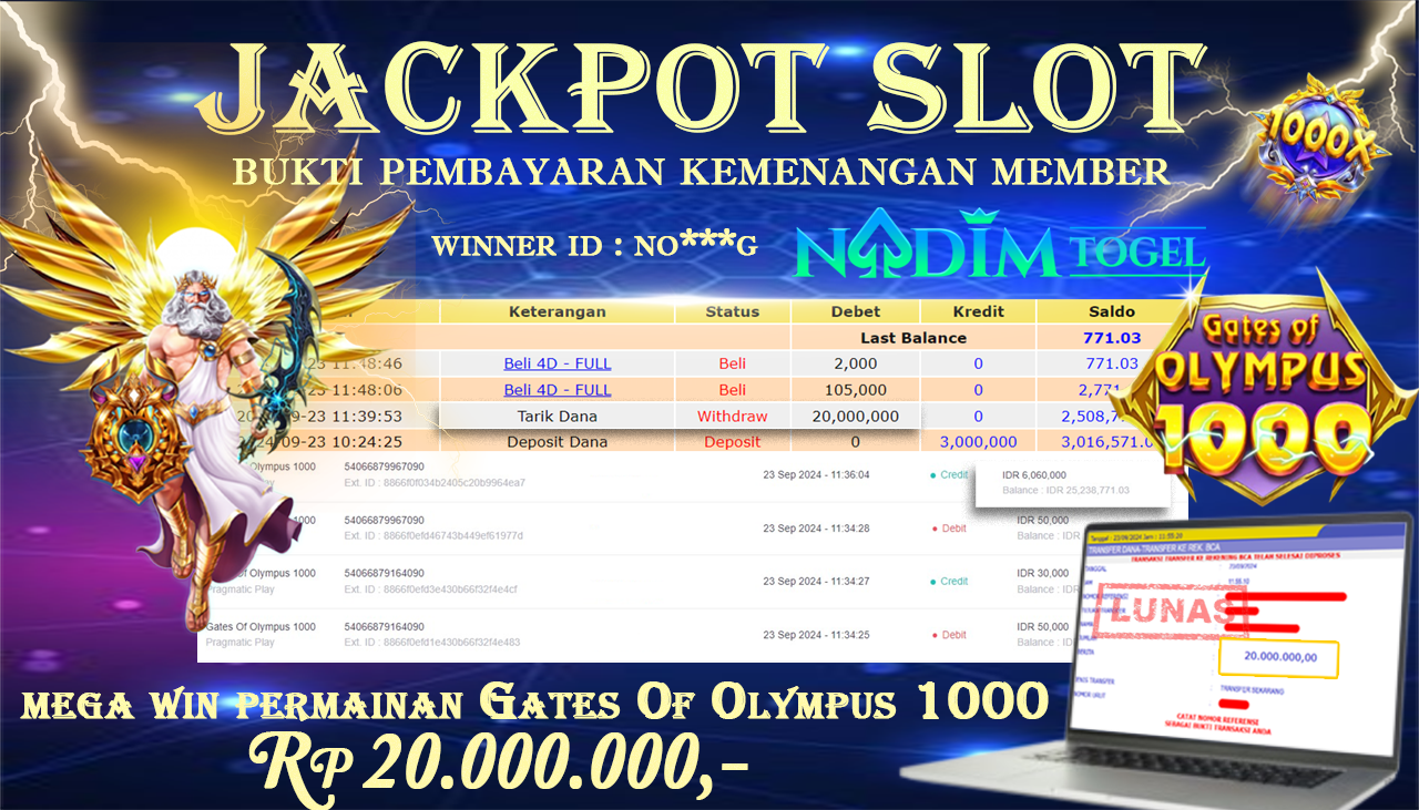 NADIMTOGEL JACKPOT SLOT Gates Of Olympus 1000 Rp 20,000,000,- LUNAS