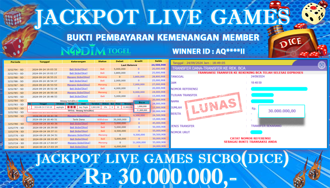 NADIMTOGEL JACKPOT LIVEGAME SICBO DICE Rp 30.000.000,- LUNAS