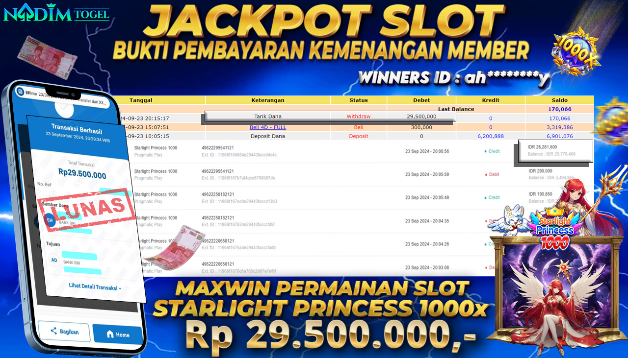 NADIMTOGEL JACKPOT SLOT STARLIGHT PRINCESS 1000X Rp 29,500,000,- LUNAS