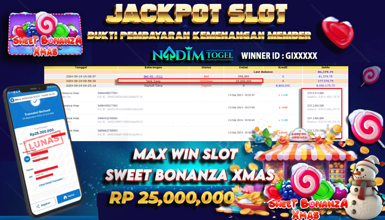 NADIMTOGEL JACKPOT SLOT SWEET BONANZA XMAS Rp 25,000,000,- LUNAS
